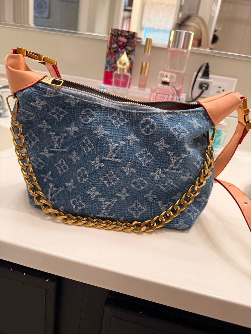 Denim Monogram Shoulder Bag with Gold Chain